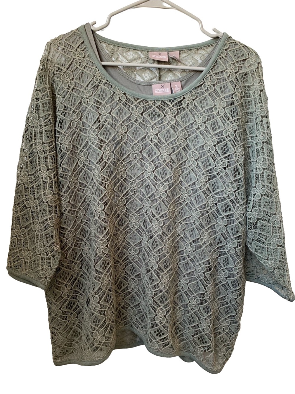 CHICOS Women’s Sage Green 3/4 Sleeve Lace Overlay Separate Tank Under Blouse